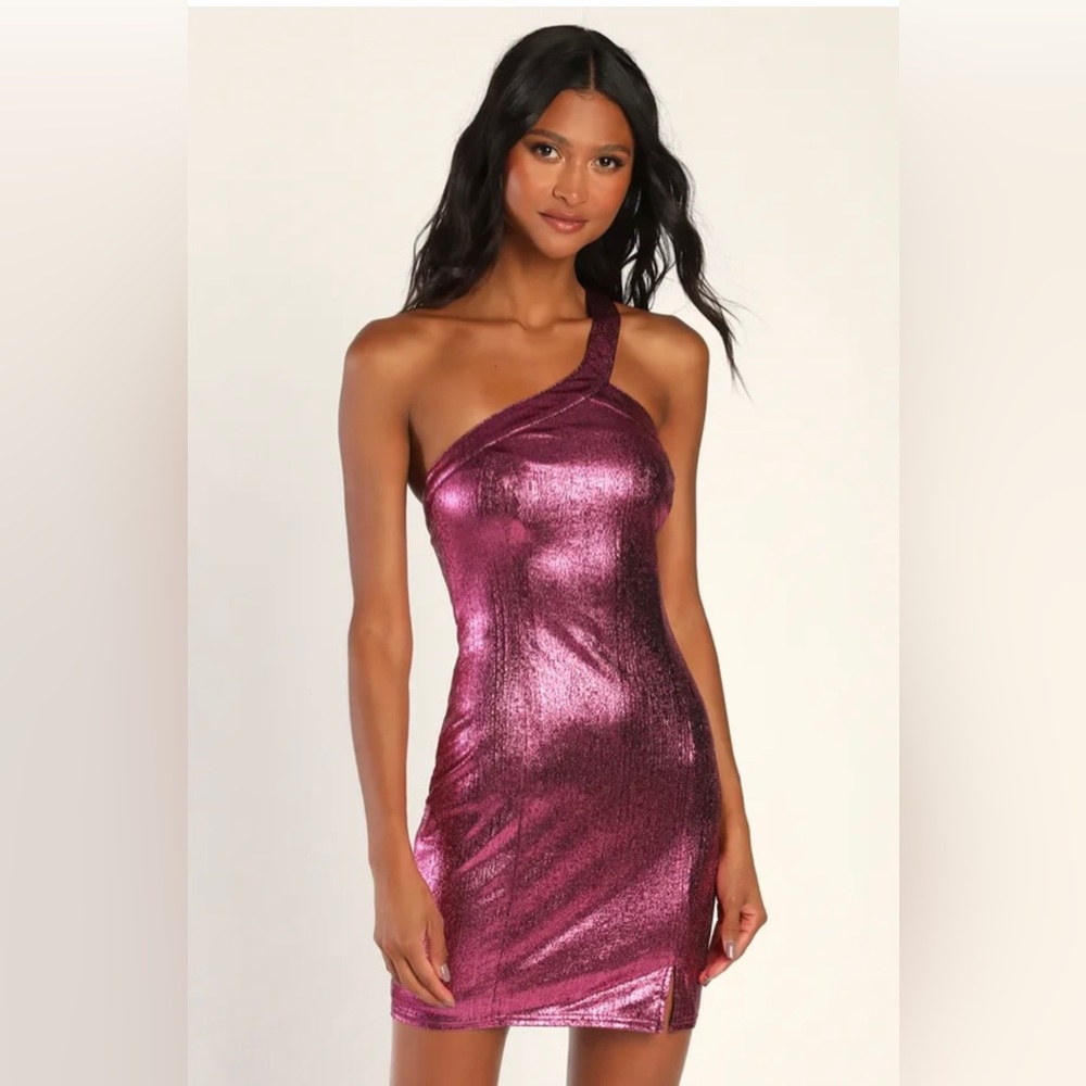 Lulu’s Dancefloor Bombshell Metallic Pink One-Shoulder Mini Dress